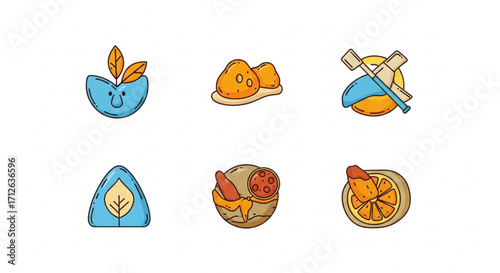 Collection of six traditional food icons, representing cultural cuisine, culinary heritage, and diverse gastronomic experiences