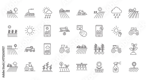 Agriculture Icons Set  Farming Crops Harvest Tractor Field Sun Rain and Agricultural Equipment