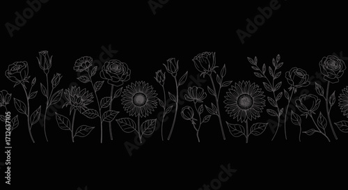 Black and White Floral Border with Roses Sunflowers and Other Flowers for Design Elements