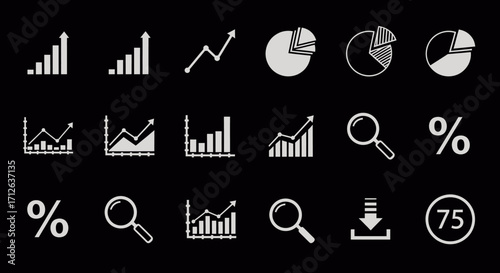 Business Analytics Icons Set  Charts Graphs Percentages Magnifying Glass and Download Symbols