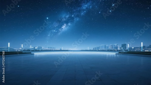 Nighttime cityscape with starry sky and illuminated skyline reflected on a smooth surface