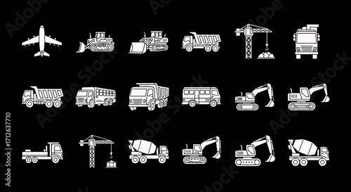 Construction Equipment Icons Set Airplane Truck Crane Excavator Bulldozer and Other Machinery Vector Illustration