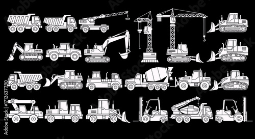 Construction Equipment Icons Set  Dump Truck Excavator Bulldozer Crane Loader and Other Machinery