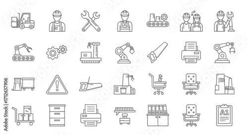 Construction Industry Icons Set  Tools Workers Equipment and Safety Symbols Line Art Vector Illustration