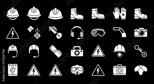 Construction Safety Icons Set  Hard Hats Boots Gloves Tools and Warning Signs Vector Illustration