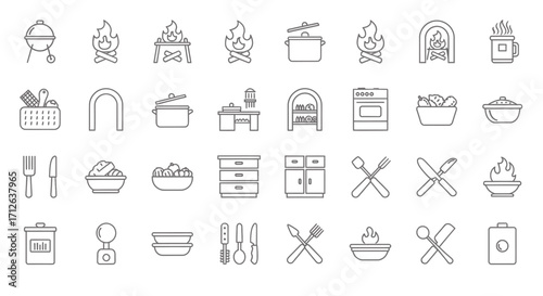 Cooking Icons Set  Kitchen Utensils Food Preparation Culinary Tools and Appliances Vector Illustration