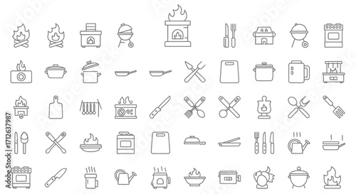 Cooking Utensils and Camping Icons Set  Kitchenware Outdoor Gear Food Preparation Vector Illustration