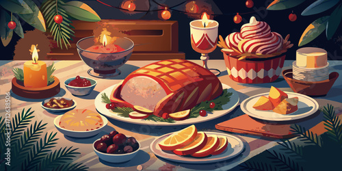 A celebratory dessert, a birthday cake with lit candles, sits on a plate