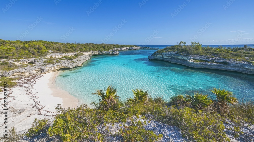 Fototapeta premium Secluded cove with pristine white sand beach and turquoise water.