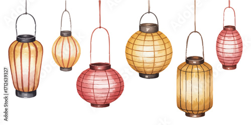 Watercolor Asian Lanterns Collection Illustration Oriental Paper Lamps Hanging Decorations Festive Illumination Cultural Symbols Decorative Elements