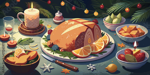 A Christmas table is elegantly set with a decorated cake, candles, and gourmet desserts