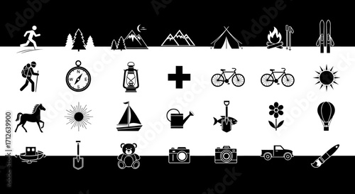 Adventure Icons Set  Camping Hiking Travel Outdoors Nature Exploration Vacation and Recreation Symbols