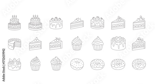 Dessert Icons Set  Cakes Cupcakes Donuts and Pastries Line Art Vector Illustration