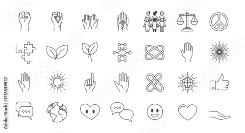 Diverse Icons Set  Peace Justice Equality Nature Communication and Global Connection Symbols