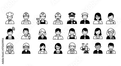 Diverse Professions Icon Set  Chef Builder Doctor Police Officer Teacher and More Occupations