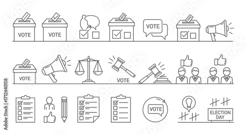 Election Icons Set  Vote Ballot Box Checkmark Speaker Justice Scale and Political Symbols Collection