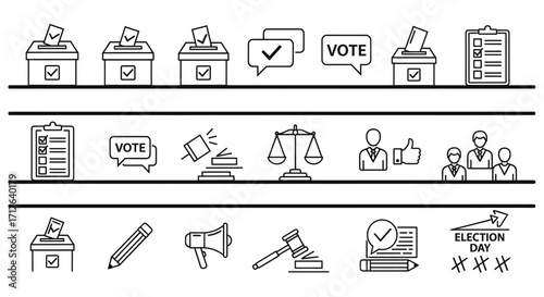 Election Icons Set  Voting Ballot Box Checkmark Justice Scale Legal Concepts and Democracy Symbols