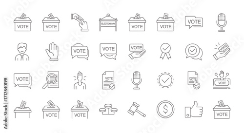 Election Icons Set  Voting Ballot Box Microphone Checkmark Political Campaign Symbols Vector Illustration
