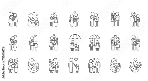 Family Icon Set  Parents Babies Children and Relationships Line Art Vector Illustrations