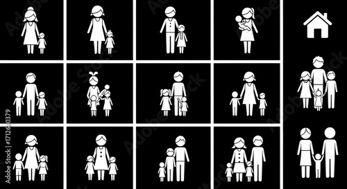 Family Icons Set  Diverse Families Parents and Children Silhouettes Modern Vector Illustrations