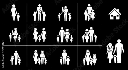 Family Icons Set  Diverse Family Structures Parents and Children Home Symbol Vector Illustration