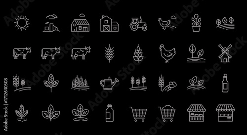 Farm Agriculture Icons Set  Crops Livestock Farming Equipment and Rural Landscape Elements