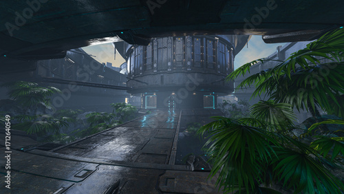 Fantasy science fiction buildings in a jungle environment. 3D rendered illustration..