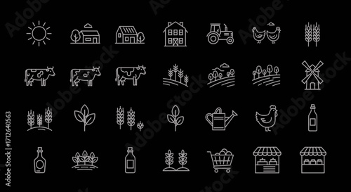 Farm Icons Set Agriculture Food Production Rural Landscape Livestock Crops and Harvest Vector Illustration