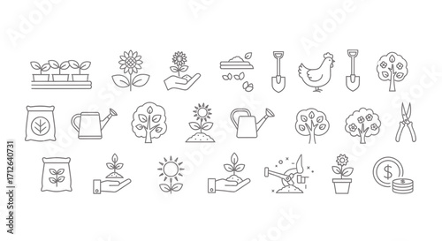 Farming Icons Set  Agriculture Gardening Harvest Crops Plants Tools and Livestock Vector Illustration