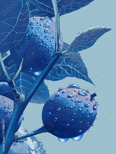 Water droplets on the fruit surface and leaf veins with intricate details