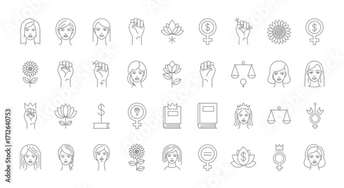 Feminism Icon Set  Woman Empowerment Equality Female Power Rights and Gender Symbols Line Art Collection