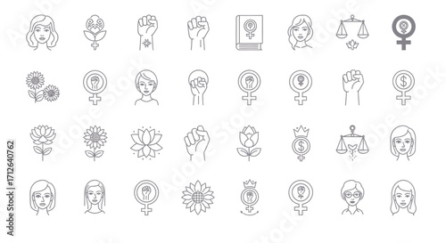 Feminism Icon Set  Women Empowerment Equality Rights and Female Symbols Line Art Collection