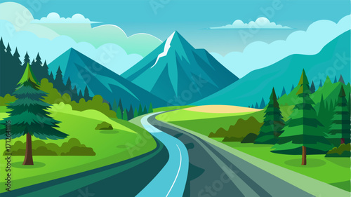 A peaceful drive through lush green valleys with a bubbling brook running alongside the road and a majestic mountain looming in the distance.