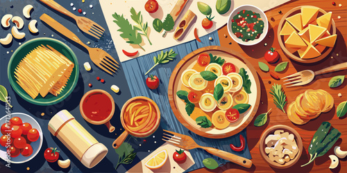 Vector illustration of a delicious Italian pizza with tomato, mozzarella, and other vegetables