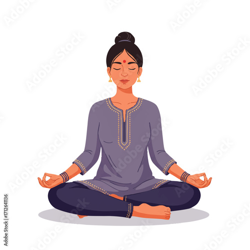 Vibrant 2D flat vector illustration of a serene woman in an elegant Indian tunic and leggings peacefully meditating in a lotus position, with clean outlines on a white background.