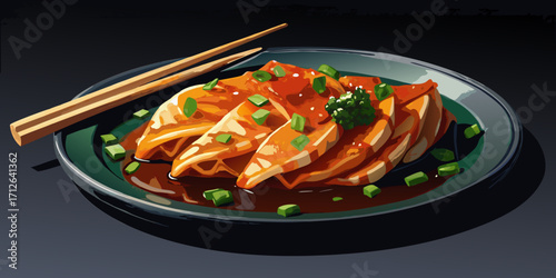 A fresh and spicy Thai papaya salad with succulent shrimp, a delicious gourmet dish