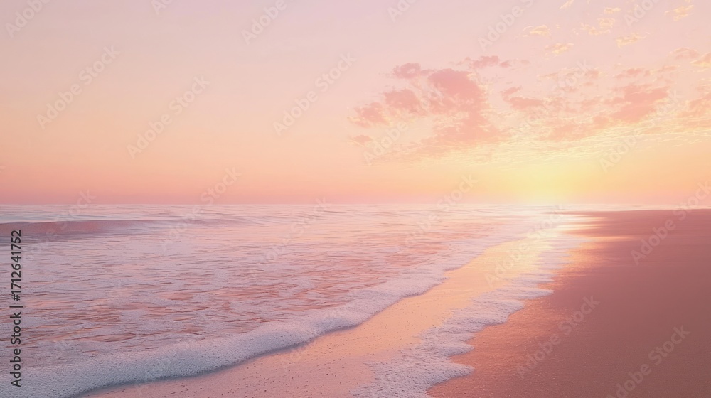 Fototapeta premium Peaceful pink sunset over ocean waves on sandy beach.