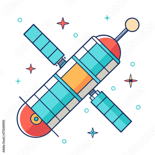 Stylized illustration of a colorful satellite orbiting among stars