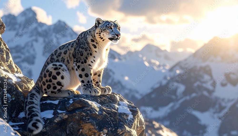 Fototapeta premium Snow leopard perched atop a rocky mountain with a stunning vista backdrop
