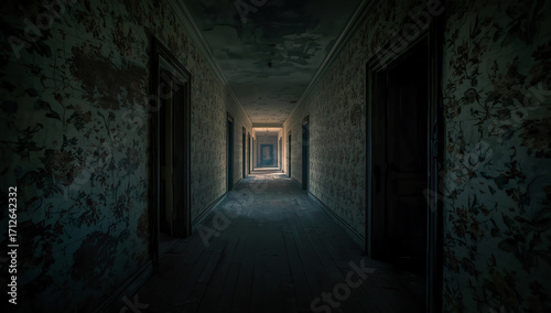 Wallpaper Mural Abandoned Dark Hallway with Peeling Walls – Creepy Haunted Building Interior Torontodigital.ca