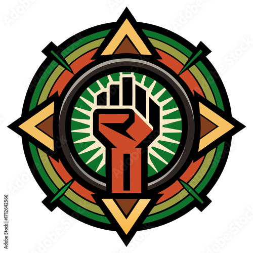 Symbol of unity and resistance featuring a raised fist and geometric design