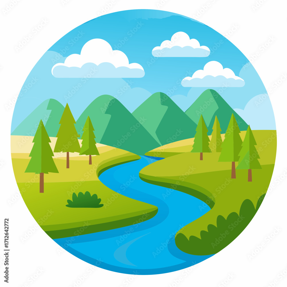 Obraz premium Serene mountain landscape with winding river and evergreen trees