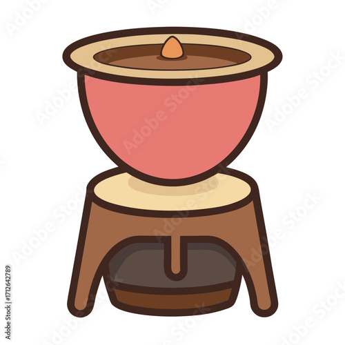 Stylized illustration of a chocolate fondue pot with a stand
