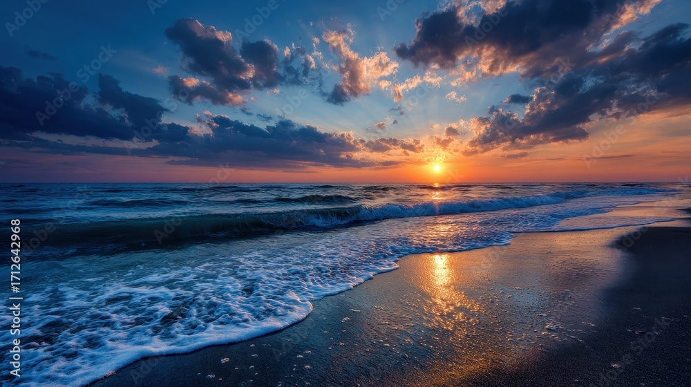Fototapeta premium Ultra quality image of breathtaking sunset over a serene beach with tranquil blue sky, perfect wallpaper.