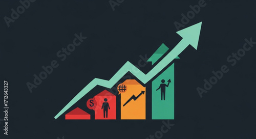 A vibrant illustration showcasing business growth with an upward trending arrow and figures representing success, ideal for presentations