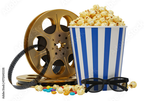 Isolated Movie night scene, cinema reel, popcorn bucket, 3D glasses, and colorful candy