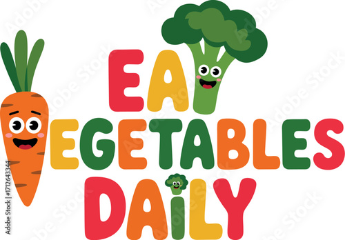 Joyful cartoon carrot and broccoli encourage eating healthy vegetables daily
