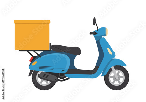 A blue delivery scooter with an orange box on the back