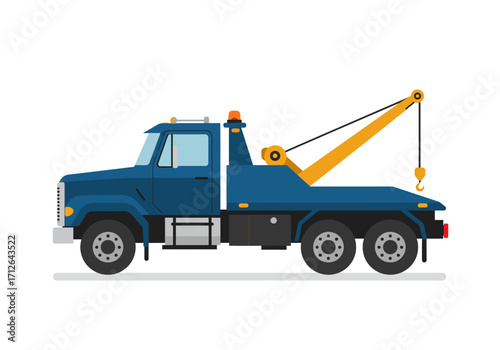 A blue tow truck with a yellow crane and hook