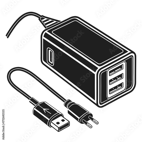 Illustration of a multiport usb charger with cable, , for charging devices